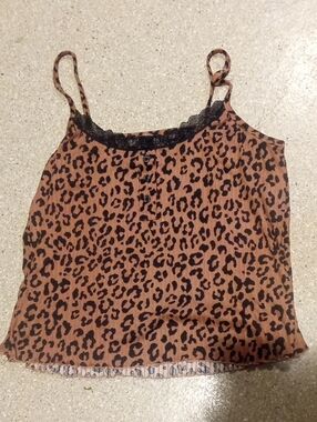 #738 "Fashion Nova" Leopard Print Lace-Trim Cami Tank Top - Brown/Black